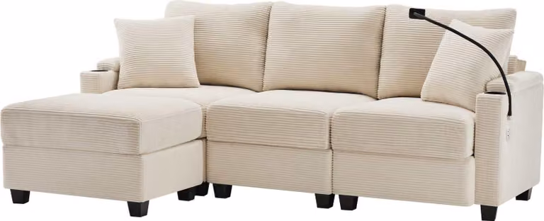 AIORBER Divano angolare a L con poggiapiedi, portabicchieri, USB, bracciolo, 2 cuscini, in velluto a coste, trasformabile, beige / grigio scuro