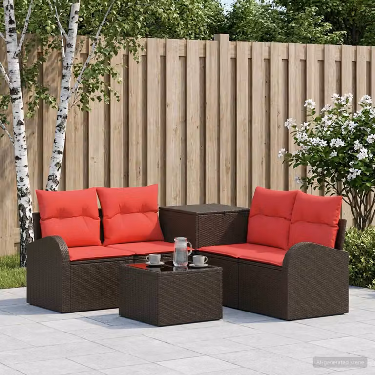 Set di divani da giardino vidaXL a forma di L composto da 6 pezzi con tavolino e cuscini, colore marrone e rosso, in rattan e acciaio verniciato a polvere