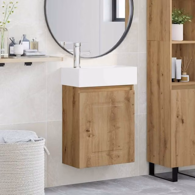 Mobile bagno moderno vidaXL in legno e MDF con lavabo in ceramica, colore rovere e bianco, sospeso