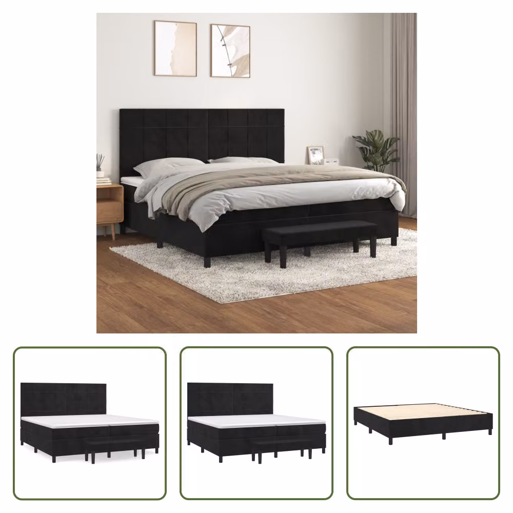 The Living Store Letto a molle con materasso nero 200x200 cm in velluto