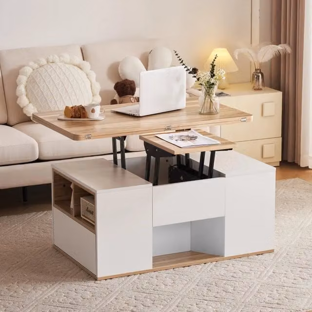 Tavolino da salotto elevabile con 2 cassetti, anta e ripiani aperti, bianco e legno naturale, 100 × 51 × 47 cm