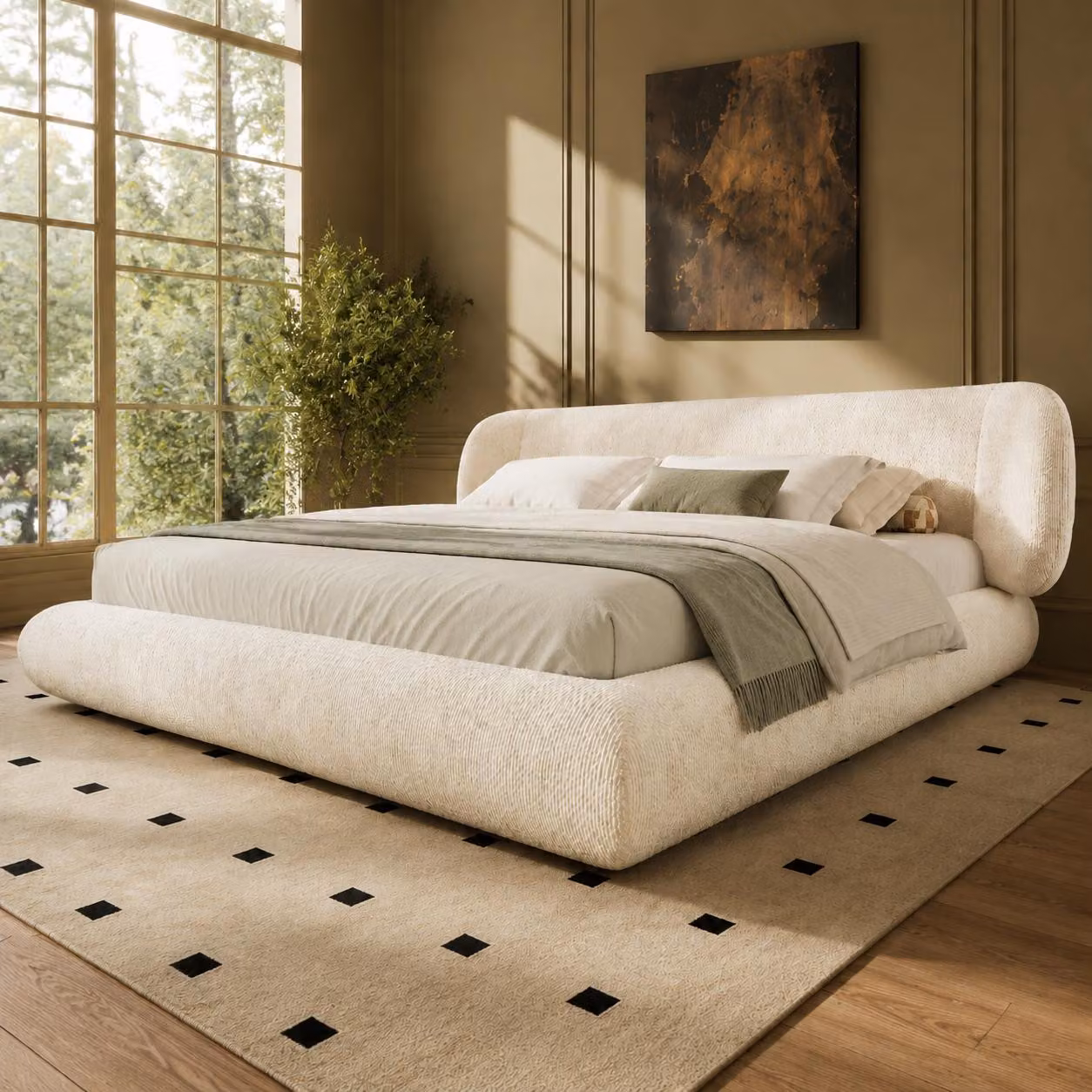Letto matrimoniale MODFU 160x200, imbottito con rivestimento in velluto, struttura per letto a una piazza con testiera imbottita e rete a doghe, senza materasso, color beige