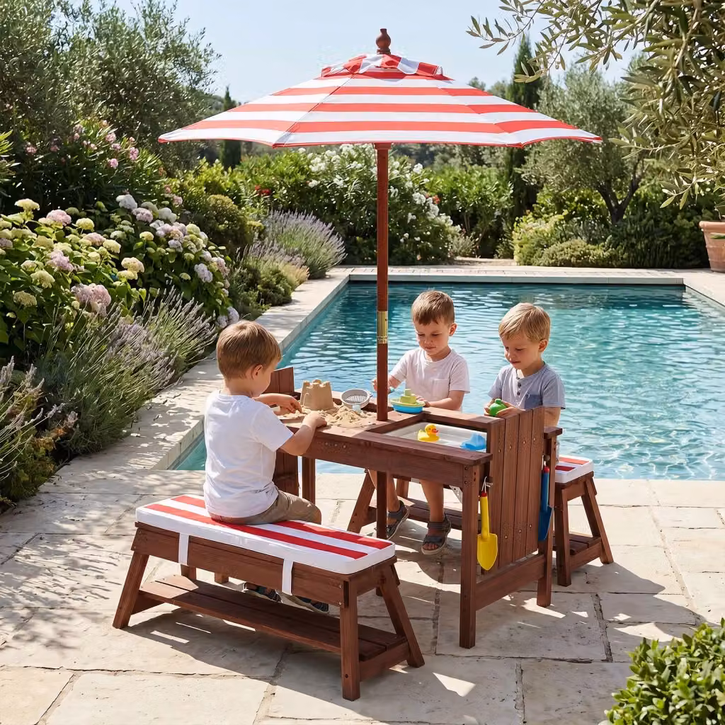 Set tavolo da picnic per bambini in legno di pino rosso con ombrellone regolabile in altezza per giardino e esterno – 2