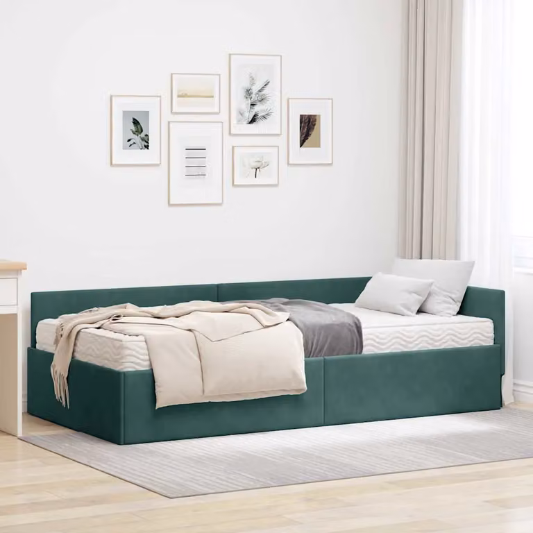 vidaXL Struttura Letto Angolare con 2 Materassi in Schiuma, Rivestimento in Velluto Verde, L/P/H: 200 x 100 x 57 cm
