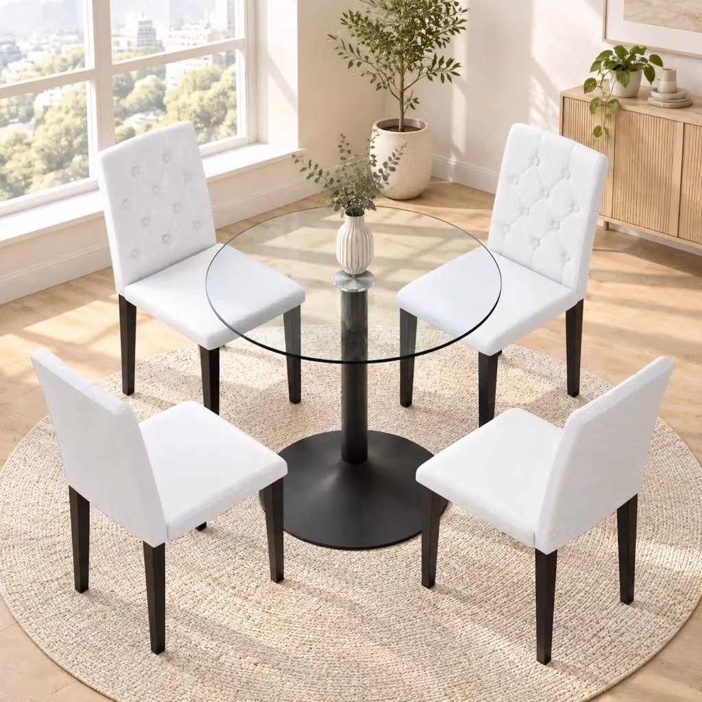 Set tavolo da pranzo Mivray con piano in vetro trasparente e 4 sedie in similpelle bianca e base in metallo nero – 2