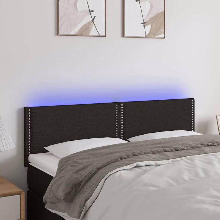 Testiera per letto vidaXL in tessuto nero con illuminazione LED e porta di ricarica USB, L 144 x P 5 x H 78/88 cm