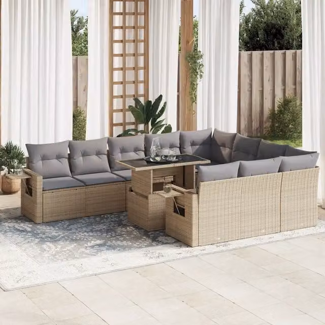 Set di divani da giardino vidaXL composto da 11 pezzi con cuscini beige e grigi in rattan e metallo per esterno – 1