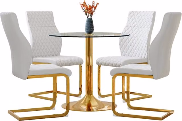 Set tavolo da pranzo rotondo 85 cm x 76 cm in vetro trasparente, 4 sedie bianche e oro