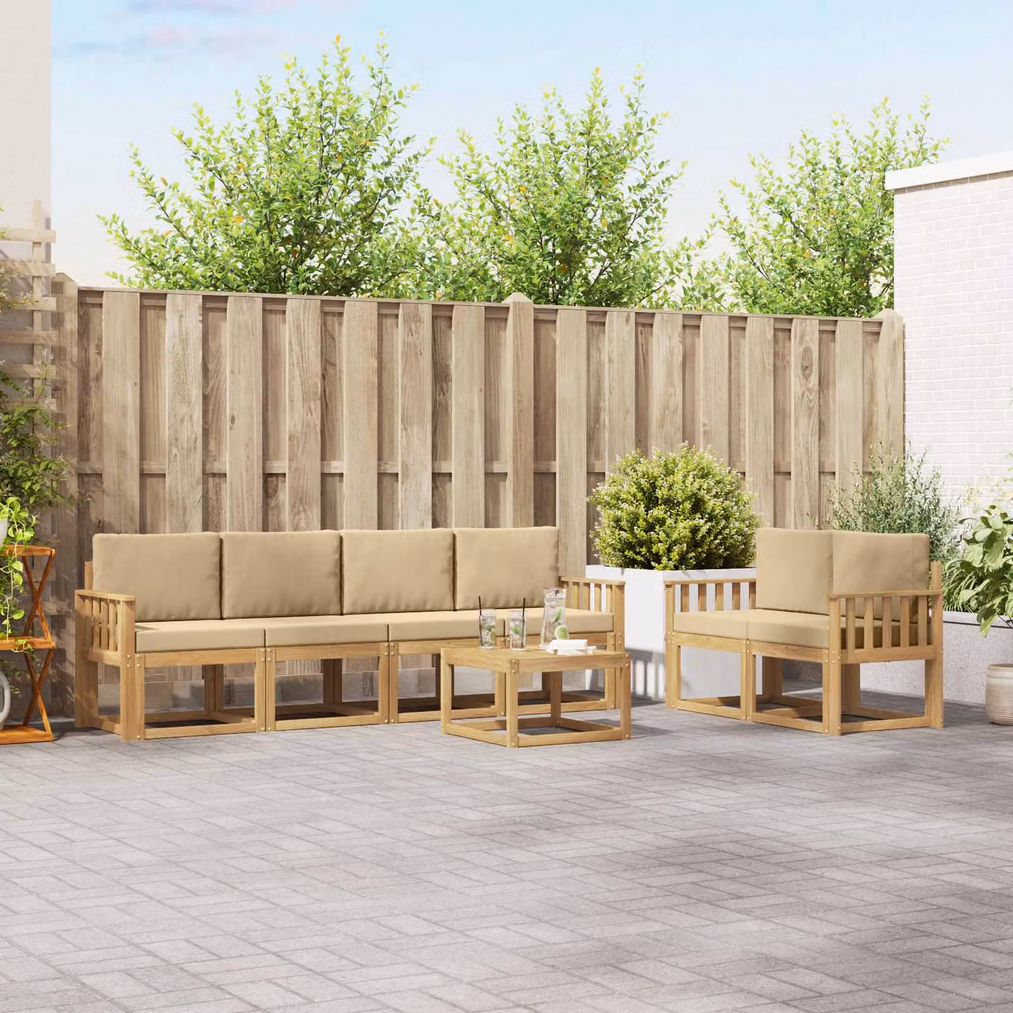 Set di divani da esterno vidaXL 7 pz in legno di acacia con cuscini Bianco e Beige