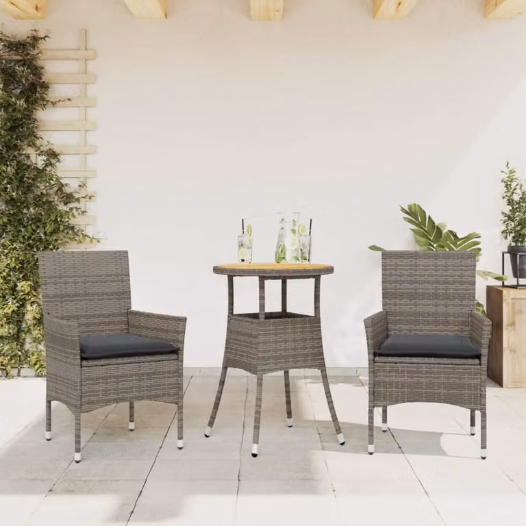 Set Pranzo da Giardino vidaXL in Polyrattan e Legno di Acacia con Cuscini, Grigio