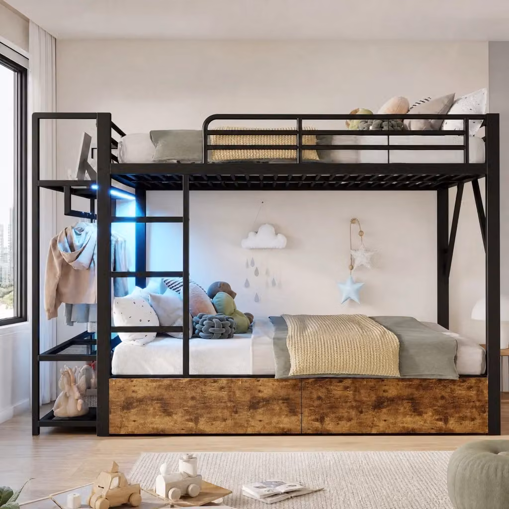 Letto a castello Mivray moderno con 2 cassetti e illuminazione LED sottostante, colore nero, L/P/H: 226.5 x 140 x 160 cm – 2