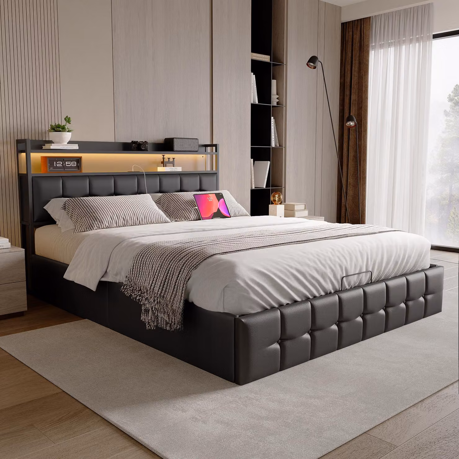 Letto imbottito Fortuna Lai 160x200 cm, LED, USB, presa, contenitore, ecopelle, nero
