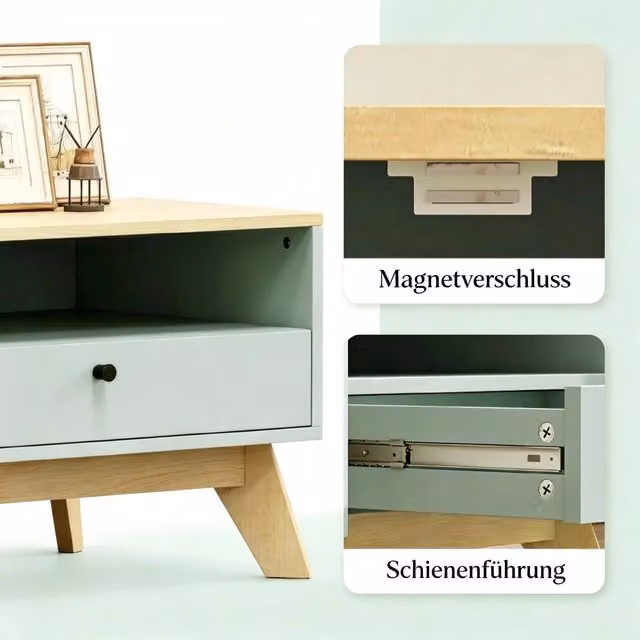 Tavolino basso OKWISH per soggiorno in MDF verde chiaro con cassetto, anta e vano aperto, L: 100 cm, P: 50 cm, H: 40 cm