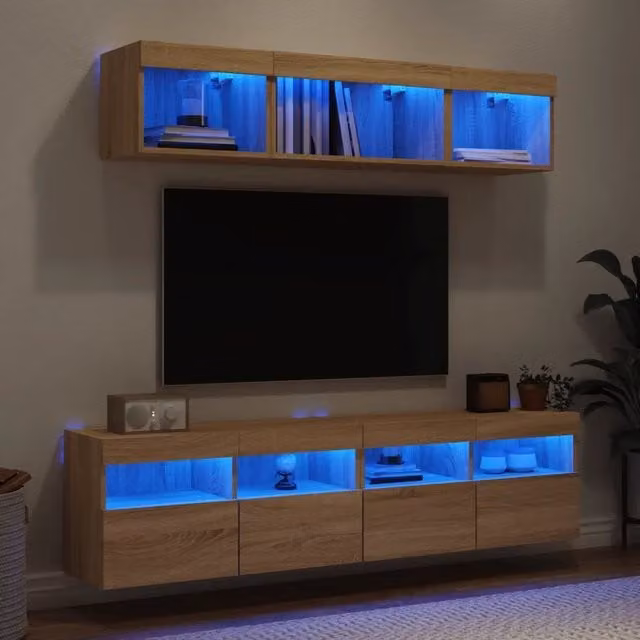 Mobili TV a Muro con LED 5 pz-Credenza per TV sospesa Rovere Sonoma Legno Multistrato