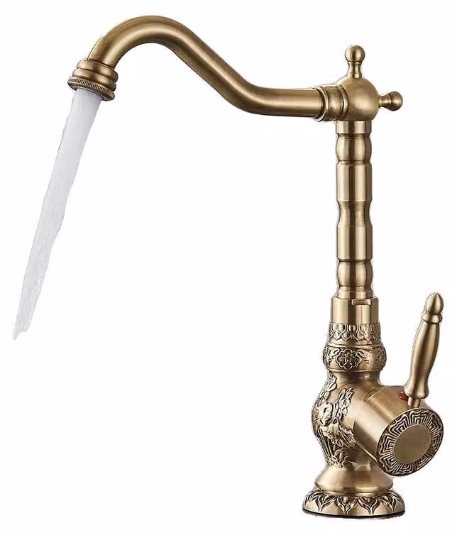Miscelatore per lavabo, da montare a parete, monocomando, in ottone anticato, modello alto