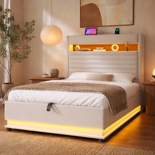 Letto singolo con contenitore Mivray in lino beige con testiera imbottita, illuminazione LED sottostante, porte di ricarica USB e Type-C, L/P/H: 90 x 200 x 113 cm – 1