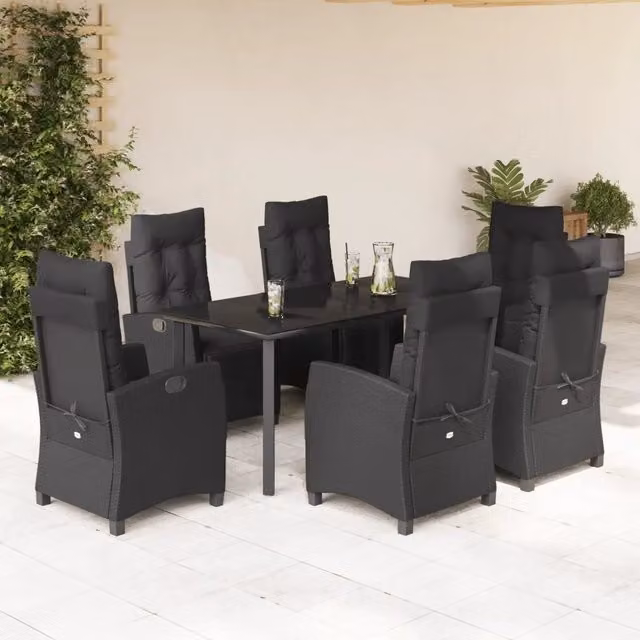 Set da Pranzo da Giardino vidaXL in Polyrattan Nero con Tavolo in Vetro e 7 Sedute
