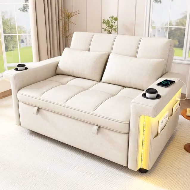 Divano letto 2 posti beige in ciniglia, schienale regolabile con LED