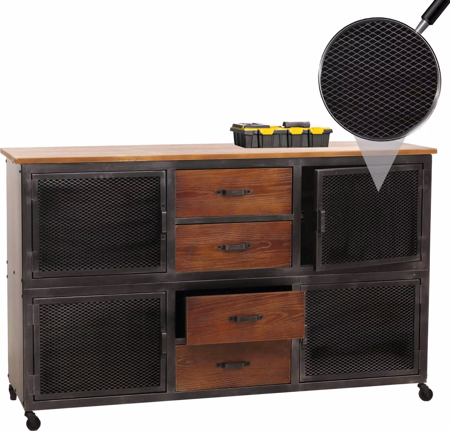 Carrello da officina HWC-N28, carrello, rotelle 4 cassetti, struttura 3D metallo legno 90x150x40cm ~ nero, marrone