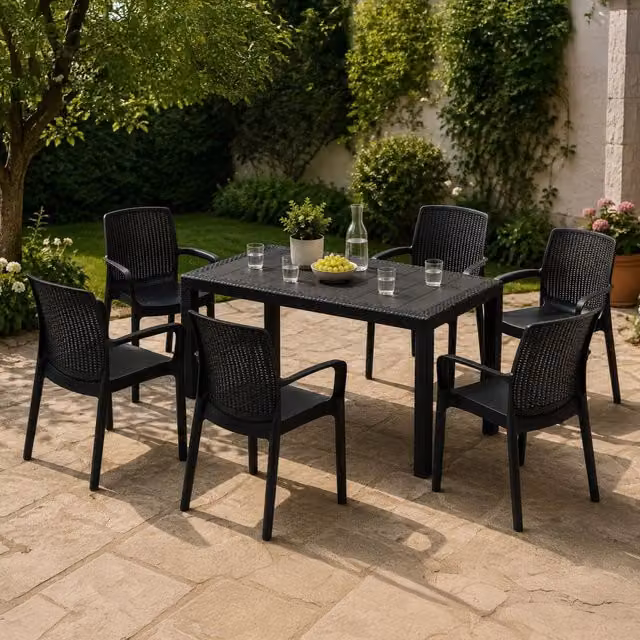 Set Salotto da Esterno Matarene per 6 Persone con Tavolino da Caffè, Nero Antracite, Design Moderno in Rattan e Materiali Resistenti alle Intemperie