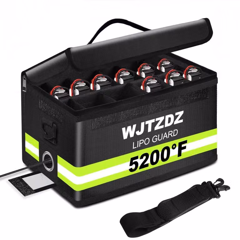 Borsa di sicurezza per batterie LiPo, ignifuga, antideflagrante, impermeabile, nera, per 12 celle, regolabile