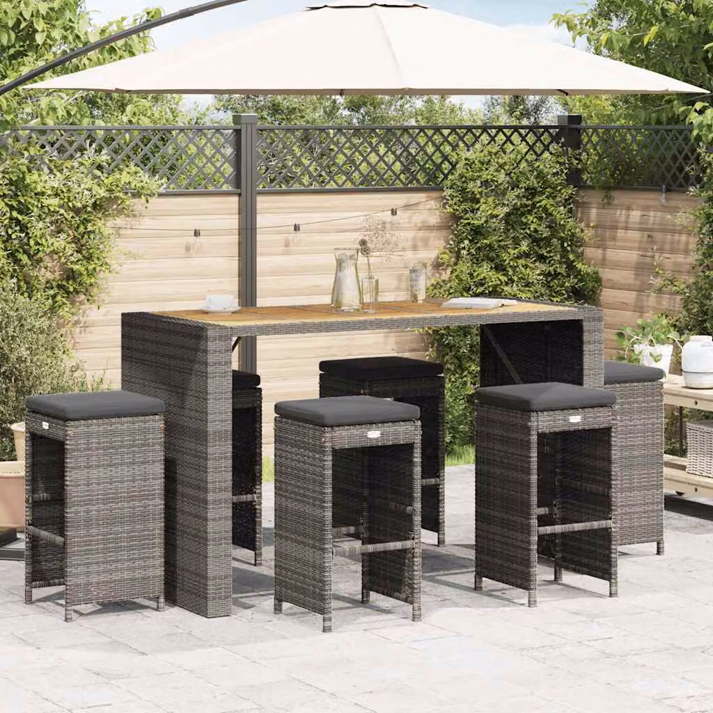 Set di 6 sgabelli da bar vidaXL per giardino in polyrattan grigio con cuscini rimovibili