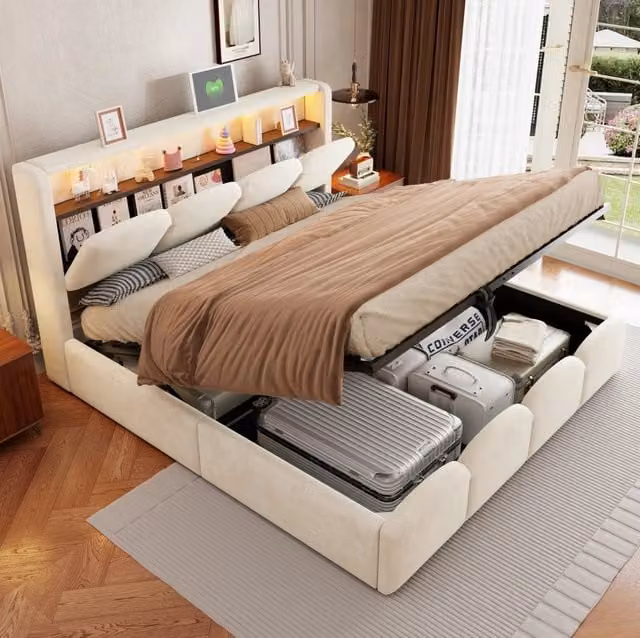 Letto imbottito matrimoniale 140x200 cm in velluto beige con USB; Type-C e LED