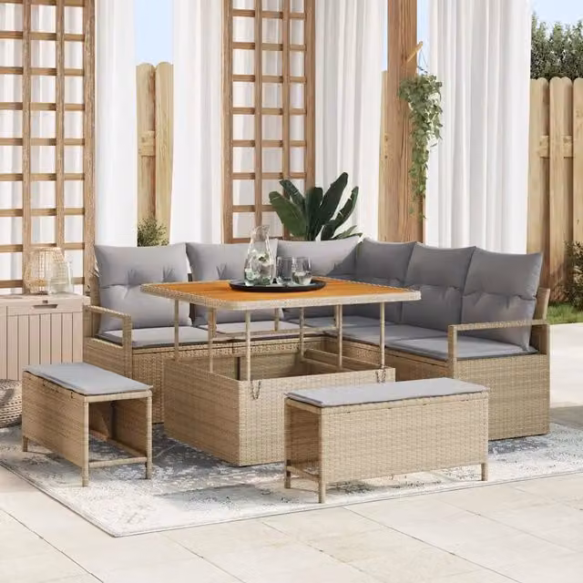 Set da giardino vidaXL composto da 8 pezzi in rattan beige con struttura in acciaio e cuscini inclusi
