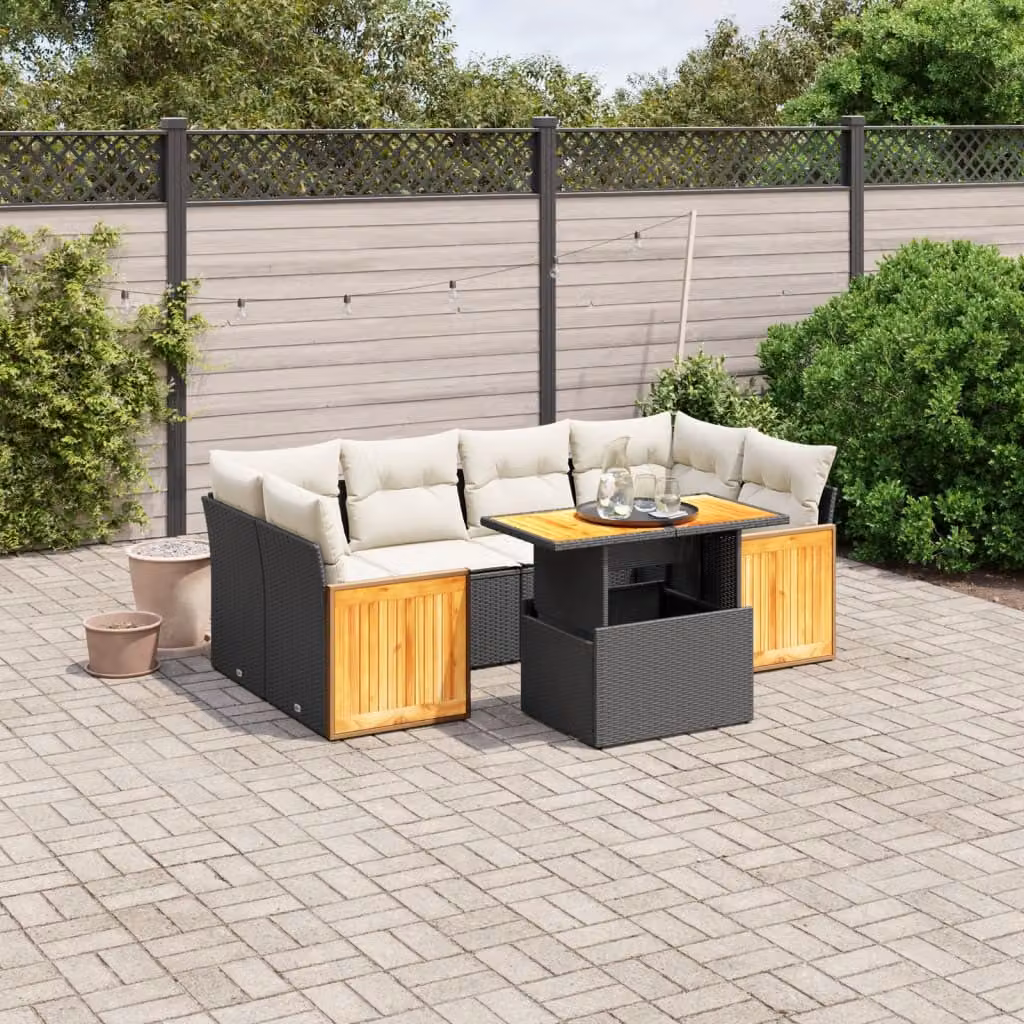 Set di Divani da Giardino a L vidaXL in Polyrattan Nero con 7 Cuscini e Tavolino da Esterno – 1