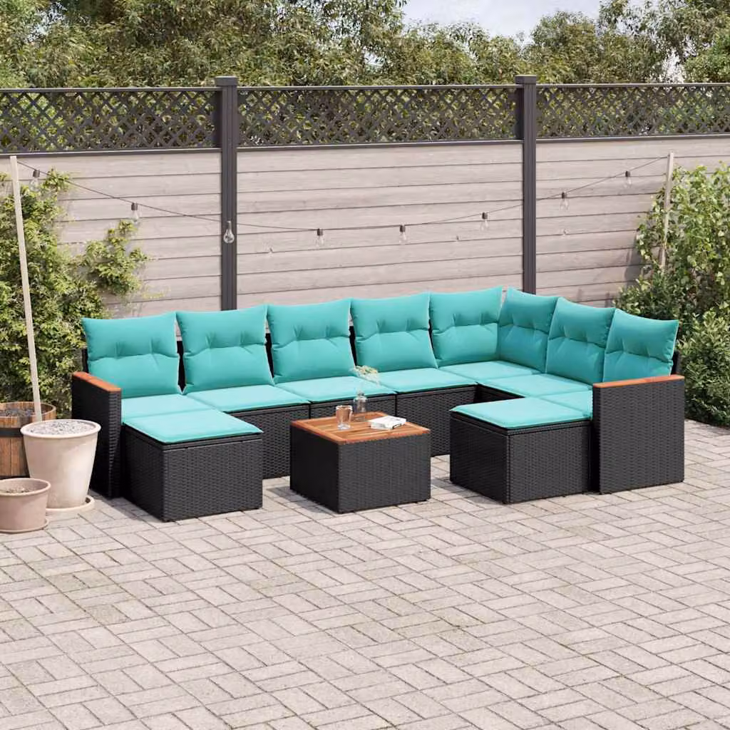Set di divani da giardino vidaXL in polyrattan nero con cuscini e tavolino da esterno a forma di U