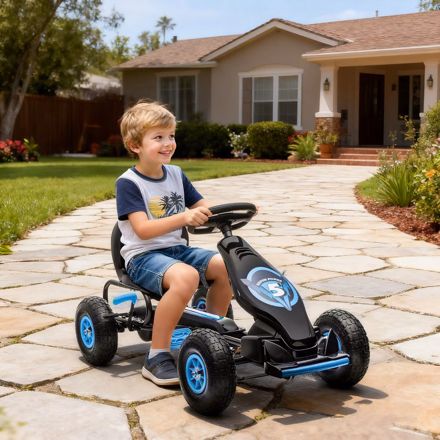Go Kart a Pedali HOMCOM per Bambini con Sedile Regolabile e Ruote Gonfiabili, Blu – 2