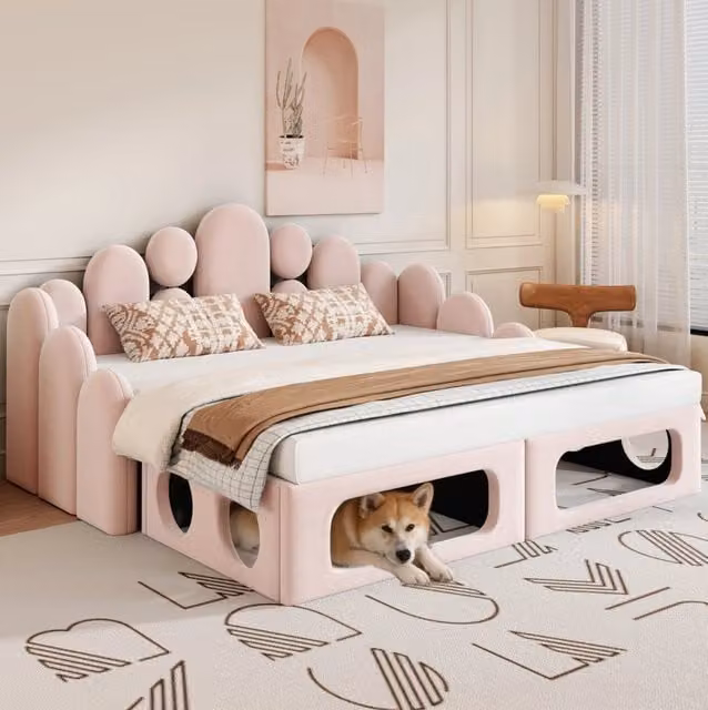 Letto multifunzione imbottito 180x200 cm rosa in velluto con cuccia per animali