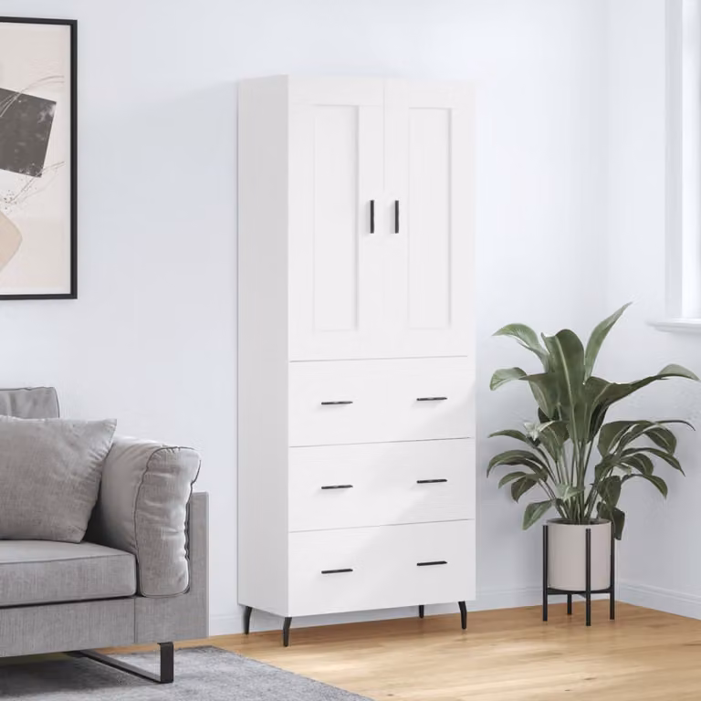 Credenza moderna vidaXL in legno multistrato e metallo, colore bianco opaco, L: 69,5 cm, P: 34 cm, H: 180 cm