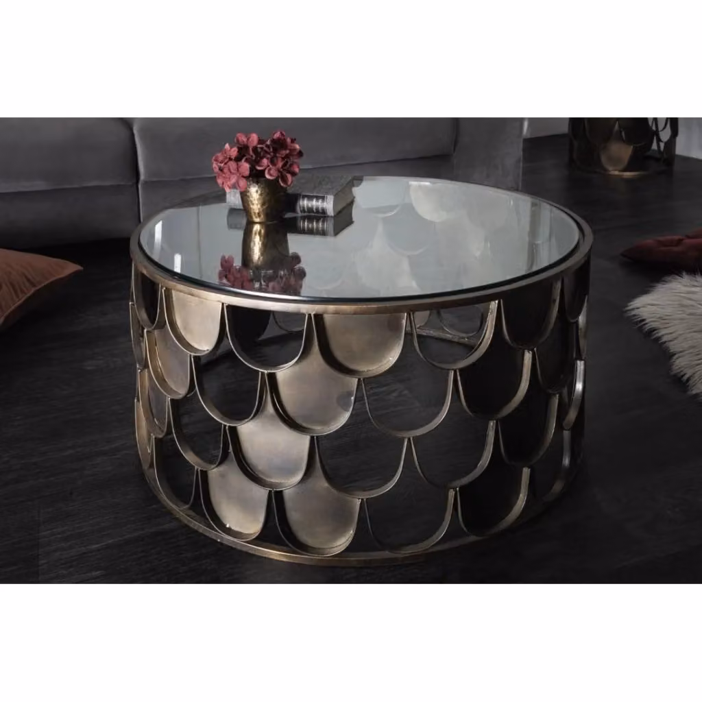 Tavolino basso rotondo METRIX Meublorama in metallo e vetro temperato bronzo Diametro: 60 cm, Altezza: 35 cm – 2
