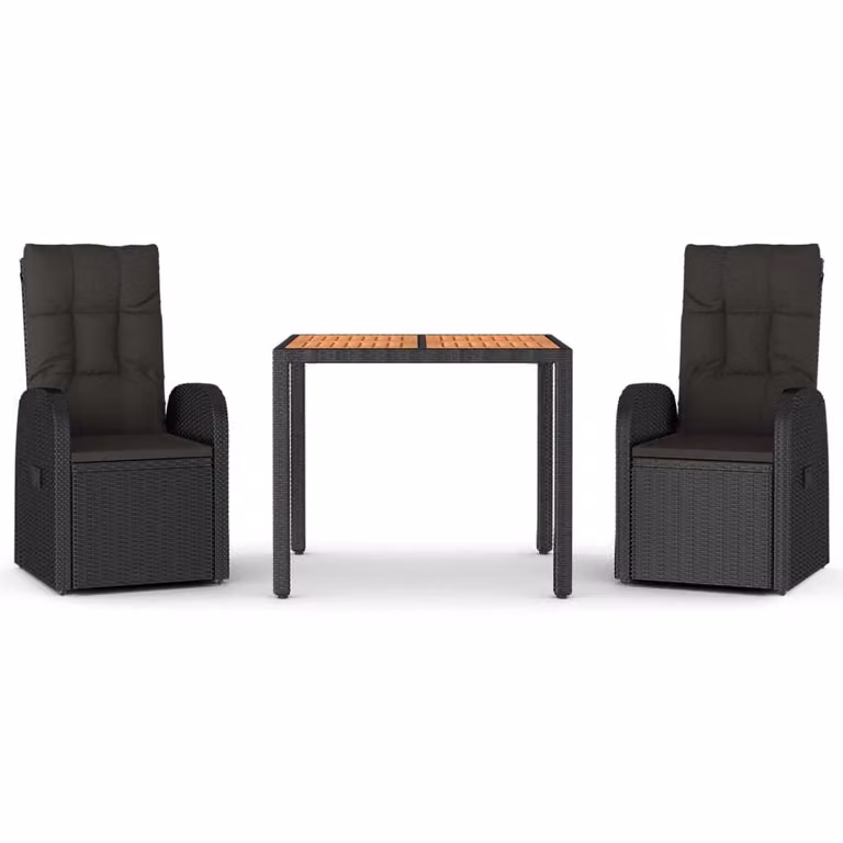 Set da Pranzo da Giardino 3 pz con Cuscini Nero in Polyrattan