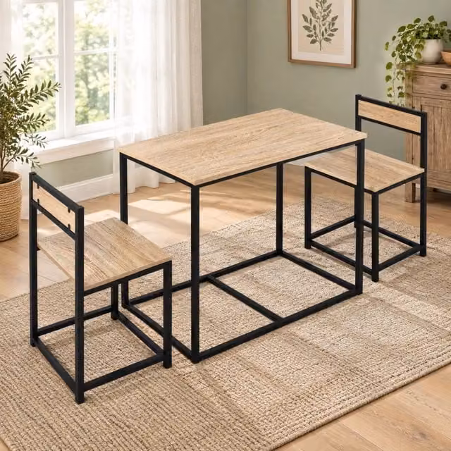 Set tavolo da pranzo con 2 sedie salvaspazio, rovere e metallo nero
