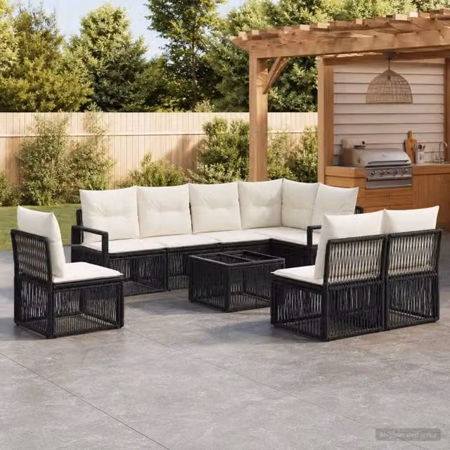 Set Divano da Giardino a L vidaXL in Polyrattan Nero con Cuscini e Tavolino da Esterno