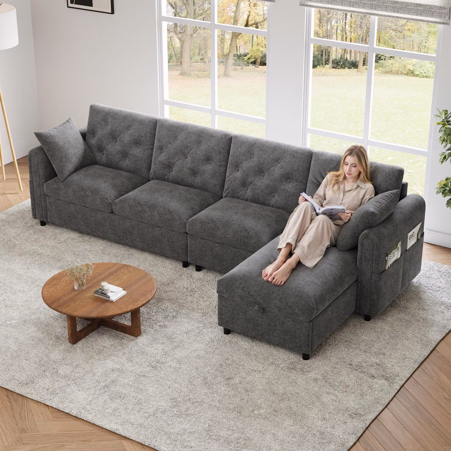 Divano angolare Merax a L 4 posti, divano con box letto, funzione letto, cuscini e tasche porta riviste, divano, set di divani, velluto, grigio