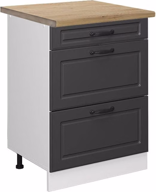 Mobiletto base per cucina R-Line Antracite rustico/Bianco 60 cm con cassetti, PL Rovere Vicco