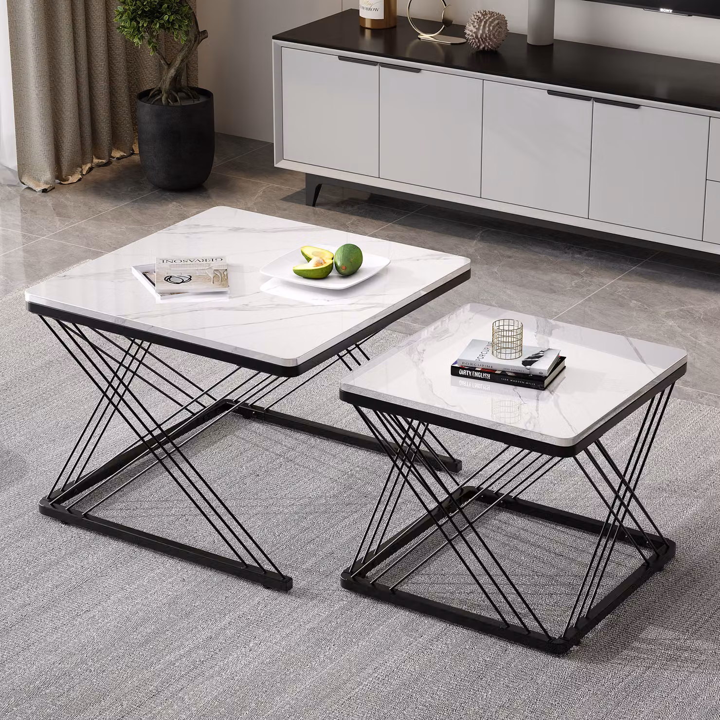 okwish Set di 2 pezzi per tavolo da conferenza, tavolo da conferenza con gambe regolabili in altezza per camera da letto o balcone, tavolo con aspetto in marmo lucido, Nero