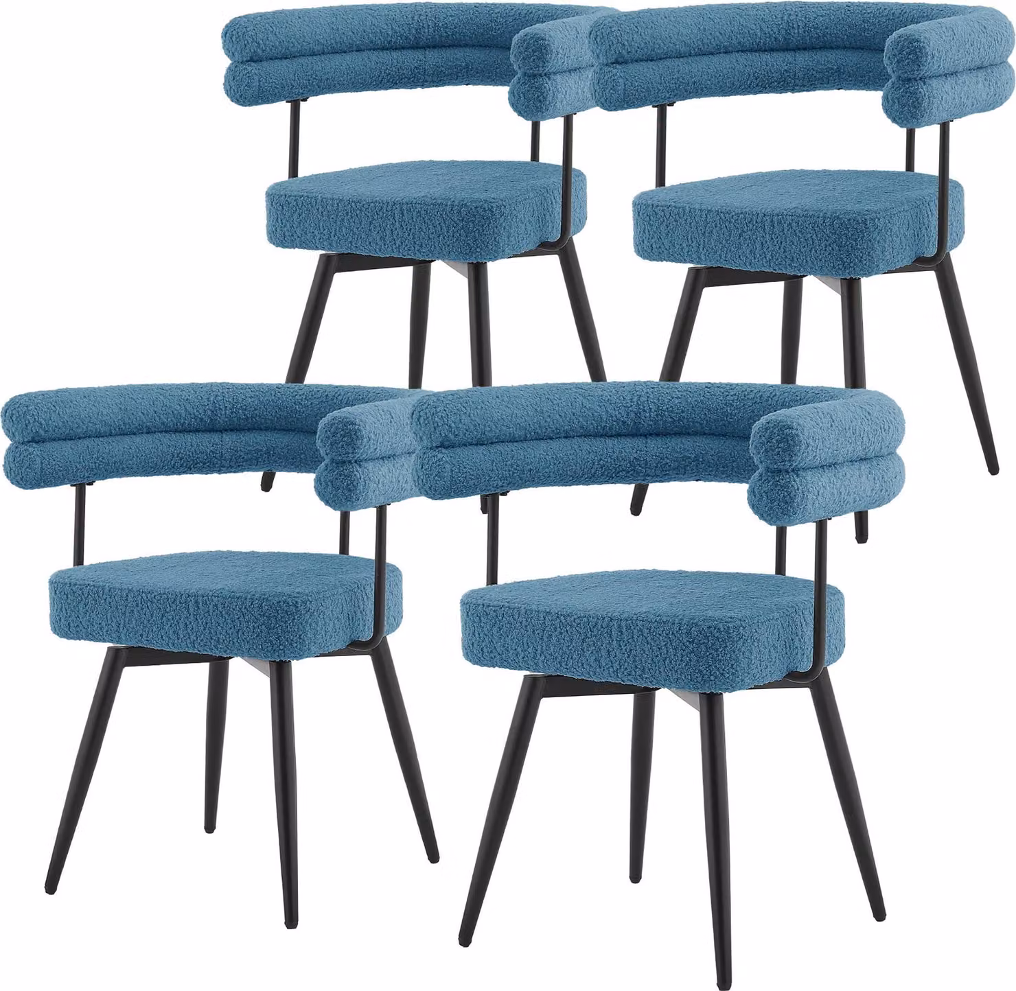 ML-Design Set di 4 sedie da pranzo girevoli in tessuto blu Teddy, sedie da salotto ergonomiche con braccioli e schienale, sedie girevoli a 360° con gambe in metallo