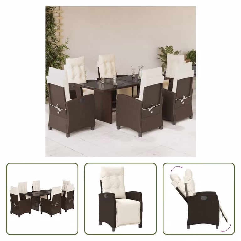 The Living Store Set da pranzo da giardino 7 pezzi con cuscini in polirattan marrone