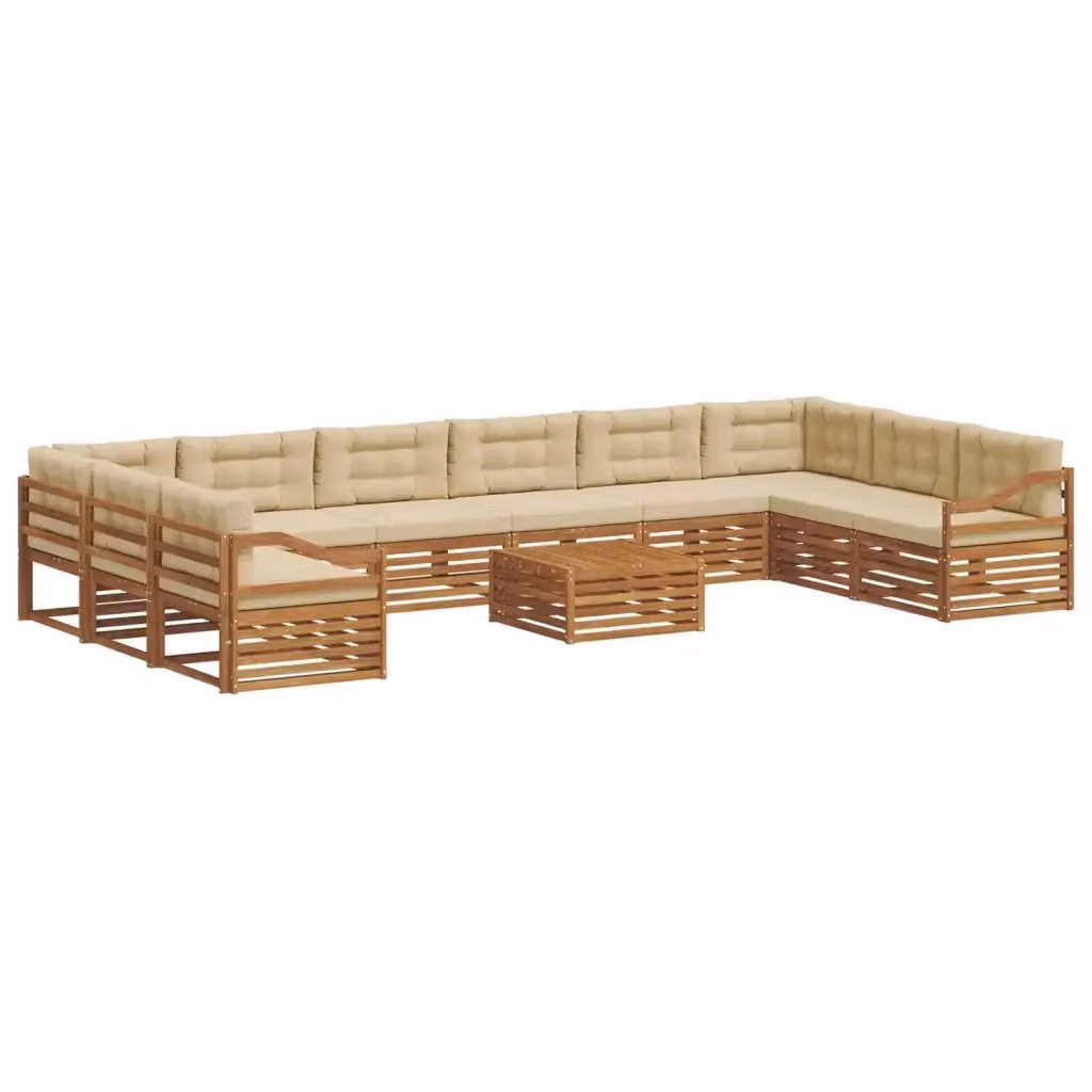 Set di divani da giardino vidaXL in legno di acacia massello con cuscini, 11 pezzi, beige e naturale, design a L con tavolino da esterno – 2