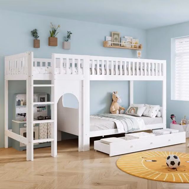 Letto a castello per bambini con scala a 4 gradini e sponde; 90x200 cm; bianco e naturale
