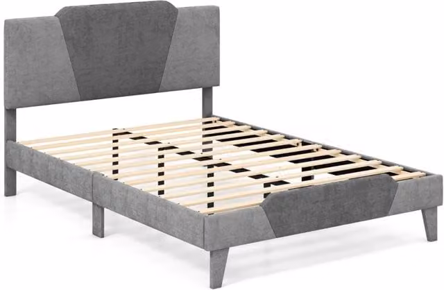 Letto matrimoniale con struttura imbottita testiera doghe in legno massello, Base per materasso 140x200cm Grigio-Letti e strutture