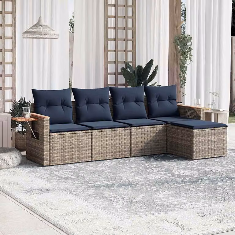 Set di divani da giardino vidaXL in polyrattan grigio con cuscini e pouf per esterni