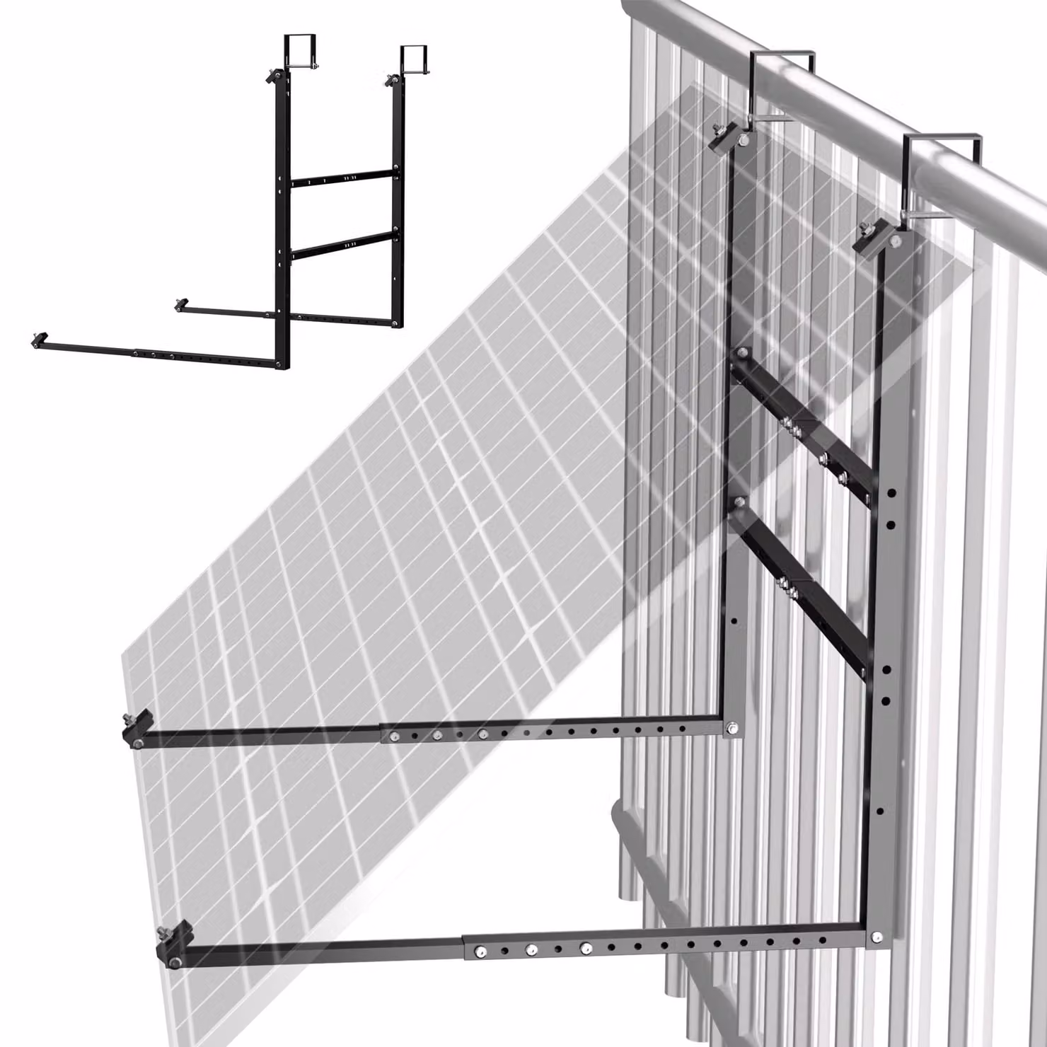 Supporto regolabile per impianti fotovoltaici da balcone, adatto per ringhiere, con gancio a forma di "L" per il fissaggio di pannelli solari da 400-600W, struttura metallica resistente alle intemperie