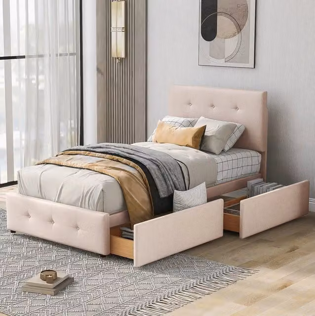 Letto singolo imbottito 90 x 200 cm con rete a doghe e cassetto beige