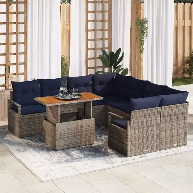 Set Divano da Giardino 9 pz 8-Numero di posti Grigio e Blu Navy 3349695
