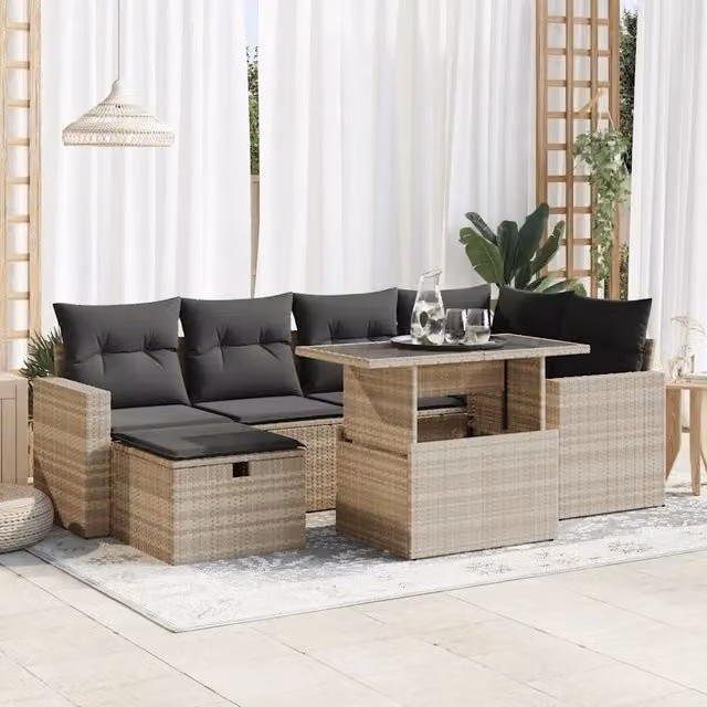 Set da giardino moderno vidaXL composto da 7 pezzi con divano a L, poltroncina, pouf e tavolino da caffè in rattan con cuscini grigi e struttura in acciaio nero – 1